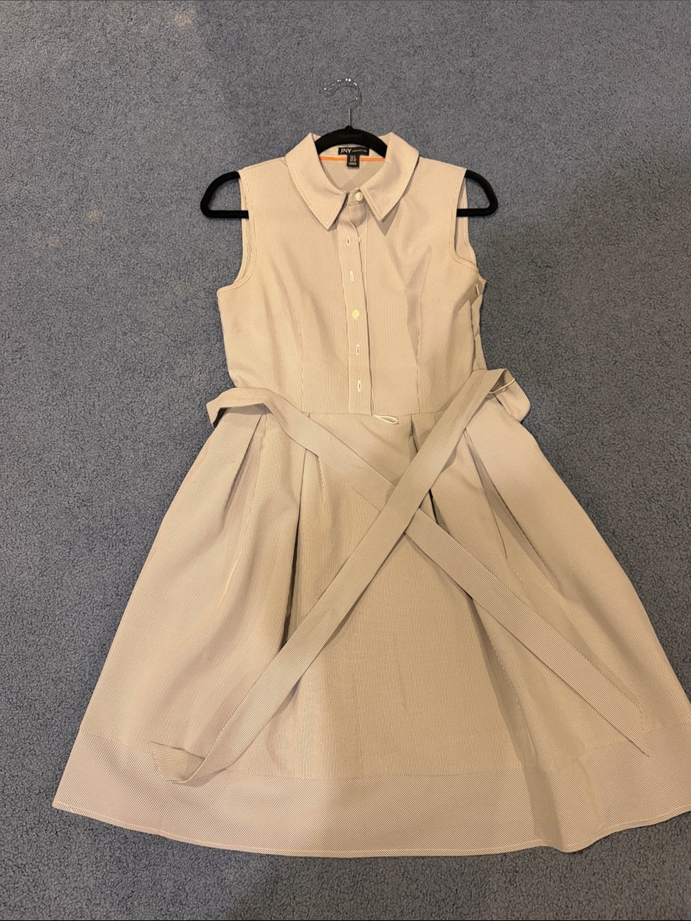 Sleeveless Collared Belted Dress - gray pinstripe